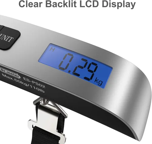 Vista 2 de Báscula de equipaje pantalla LCD de retroiluminación portátil de 110 libras110.2lbs, báscula electrónica portátil de mano Balanza digital