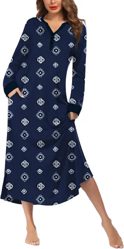 Vista 4 de Ekouaer Camisón largo para mujer con cuello en V, ropa de dormir de longitud completa con bolsillos
