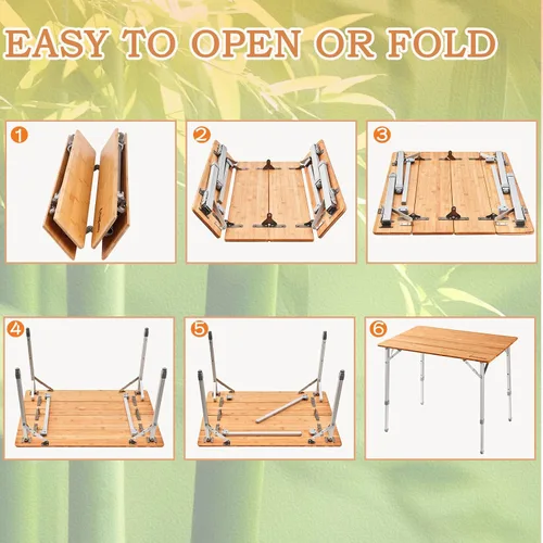 Vista 5 de KingCamp Mesa de Bambú Plegable Mesa de Camping Ecológica con Patas de Aluminio de Altura Ajustable Resistente 4 Pliegues Mesas de Campamento