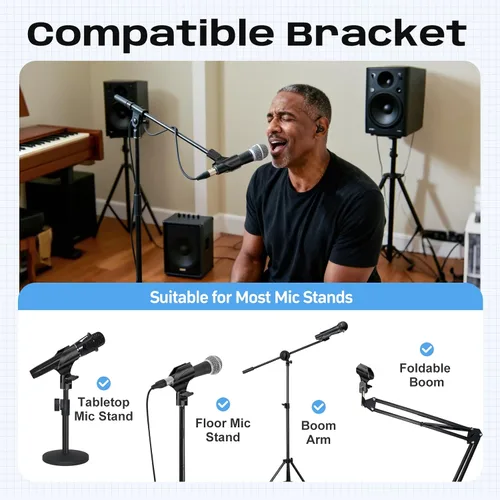 Vista 5 de Clip universal para micrófono, soporte de micrófono ajustable con adaptador macho de 5/8 pulgadas a hembra de 3/8 pulgadas (paquete de 2)