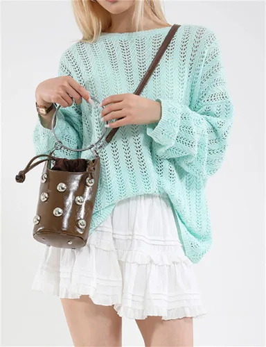 Vista 9 de Bolso de mano con asa superior para mujer, bolso Y2K, moderno remache, bolso cruzado estilo cubo, bolso retro para fiestas, compras, casual
