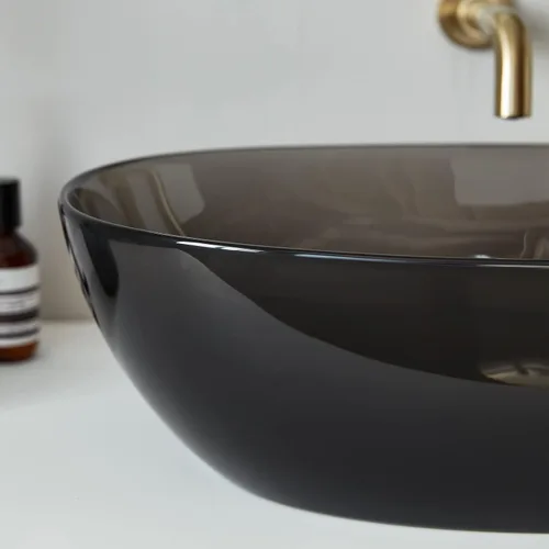 Vista 7 de Cpingao Fregadero ovalado translúcido de 23 x 15 pulgadas para gabinete, encimera de resina de piedra en forma de barco para lavabo con drenaje Negro