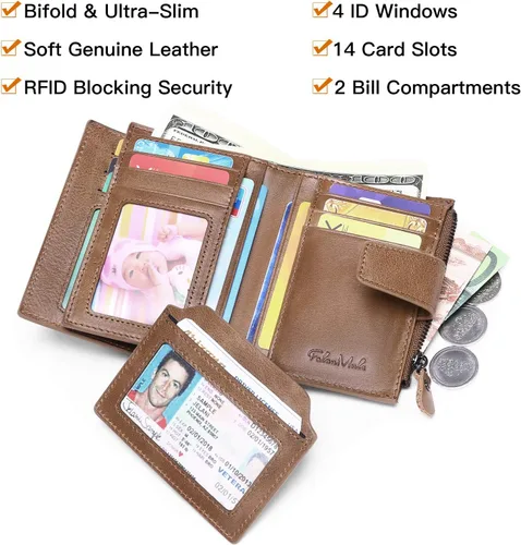 Vista 3 de FALAN MULE Cartera para hombre de piel auténtica suave con bloqueo RFID plegable elegante con bolsillo para monedas con 4 ventanas de identificación
