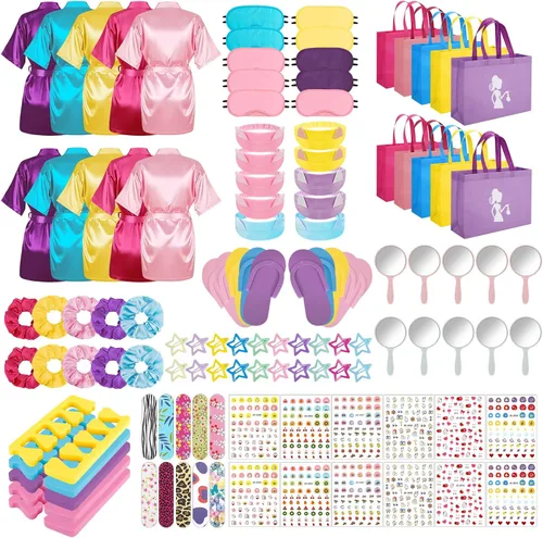 Vista 11 de 122 piezas Kit de fiesta de spa rosa y rosa intenso para niñas, paquete de 10 recuerdos de fiesta de pijamas con batas de satén, bolsas de mano
