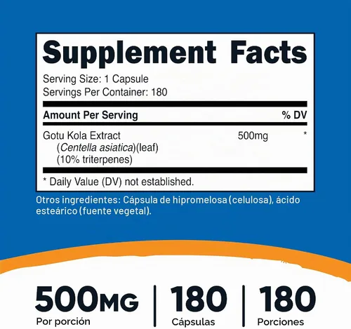 Vista 2 de Nutricost Gotu Kola 500 mg, 180 cápsulas, vegetariano, sin gluten, sin OMG