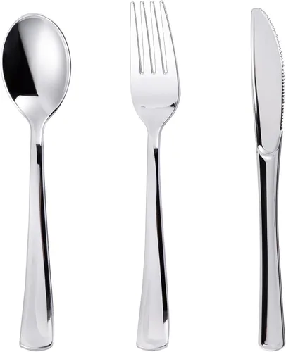 Vista 10 de N9R 120 Piezas Cubiertos de Plástico Plateado, Juego de Cubiertos de Plástico Plateado Cubiertos Desechables Vajilla - 60 Tenedores, 30 Cucharas, 30