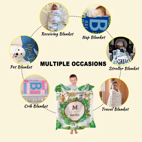 Vista 7 de Manta personalizada de animales bebés para niños y niñas, mantas personalizadas con nombre, manta ligera de franela suave para ropa de cama, sofá