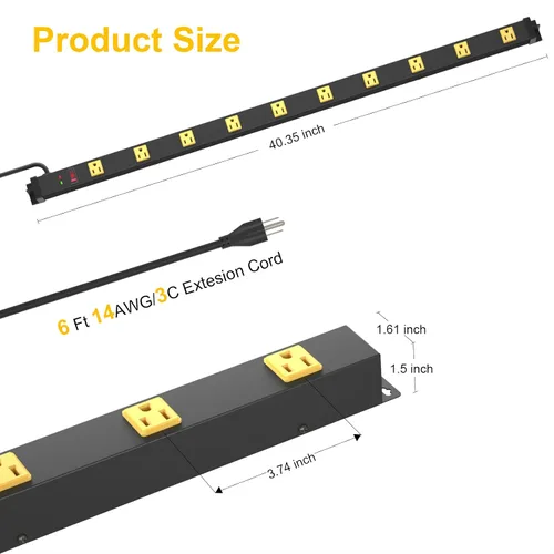 Vista 6 de Protector de sobretensiones de 10 tomas, tira de alimentación industrial larga de metal amplio para garaje, resistente con cable de 6 pies, 15 A