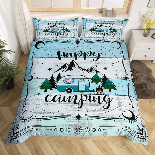 Vista 10 de Erosebridal Juego de funda de edredón de cabaña de cabaña, ropa de cama individual para niños, funda de edredón de campamento feliz, ropa de cama