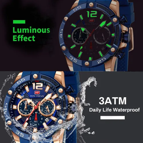 Vista 6 de MINIFOCUS - Reloj de pulsera analógico de cuarzo con esfera grande, correa de silicona azul, calendario, fecha, calendario