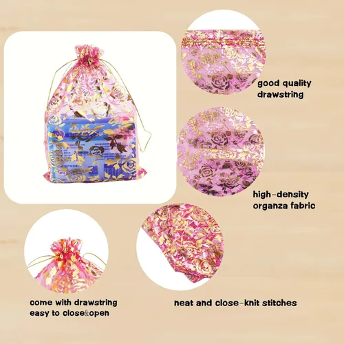 Vista 5 de Paquete de 100 bolsas de organza con cordón de 7 x 9 pulgadas, bolsa de regalo de joyería de organza con cordón para regalos de boda (flor fucsia)