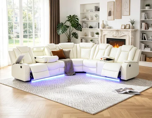 Vista 17 de Juego de sofá modular reclinable eléctrico para sala de estar, juego de sofá reclinable de cuero con luces LED / almacenamiento oculto, sofá