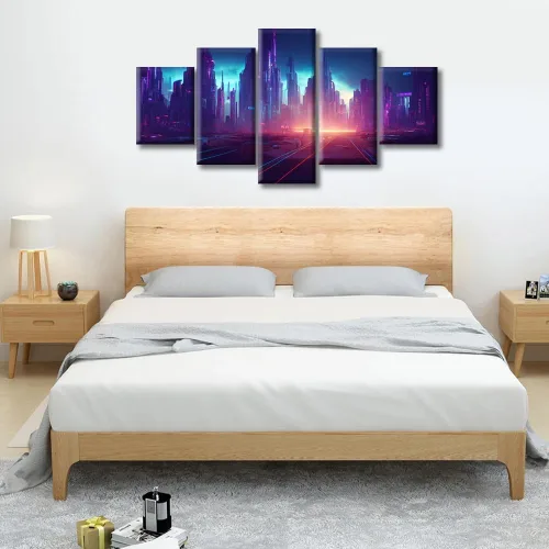 Vista 15 de Cuadros de 5 paneles de Cyberpunk City, arte de pared, representación de vallas publicitarias, edificios modernos en la capital con obras de arte