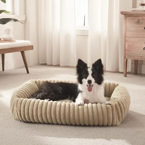 Vista 8 de FURTIME Cama para perros de tamaño mediano, cama ortopédica lavable para mascotas con funda extraíble, rectangular, suave, relajante, para Beige