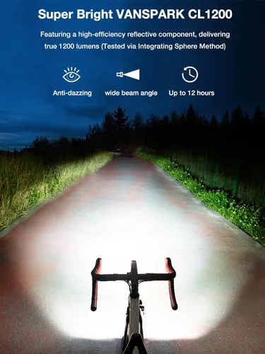 Vista 10 de VANSPARK CL1200 - Luces de bicicleta de 1200 lúmenes, faro de bicicleta con corte de 1200 lúmenes, luces de bicicleta recargables USB-C, cuerpo