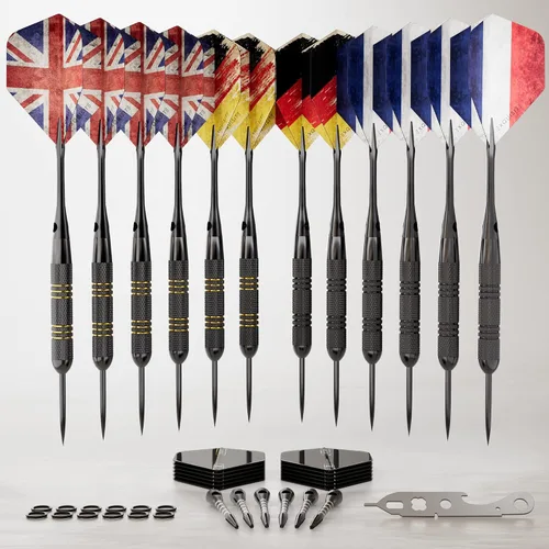 Vista 6 de CC-Exquisite Juego de dardos Dardos profesionales de 12 X 20/22g con punta de metal Dardos de punta de acero con 24 vuelos y 18 ejes de aluminio