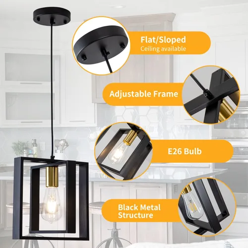 Vista 4 de Lámpara colgante negra de granja, candelabro pequeño de 1 luz, lámpara de comedor de madera con cable ajustable, luces colgantes para pasillo, isla