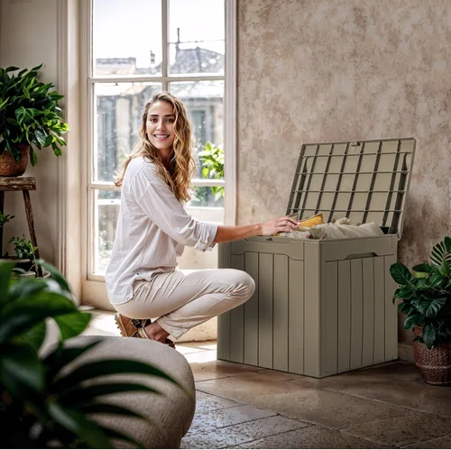 Vista 7 de GUNJI Caja pequeña de 30 galones para exteriores, impermeable, de resina, contenedor de almacenamiento con cerradura, caja de entrega de paquete