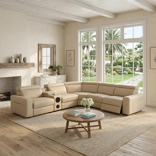 Vista 19 de Sofá seccional reclinable eléctrico, sofá de felpa beige y gris, sofá seccional con consola de almacenamiento, sofá reclinable para sala de estar