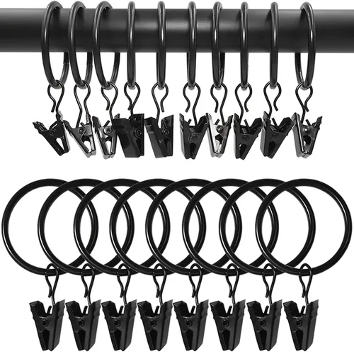 Vista 22 de WeeksEight Paquete de 44 anillos de cortina negros con clips, ganchos de cortina, ganchos de clip para colgar cortinas, lazos, sombreros, anillos