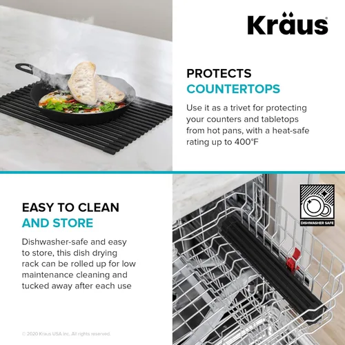 Vista 7 de Kraus Multiusos Escurreplatos Enrollable para Fregadero con Colador y Esterilla en Aqua, KRM-11AQ