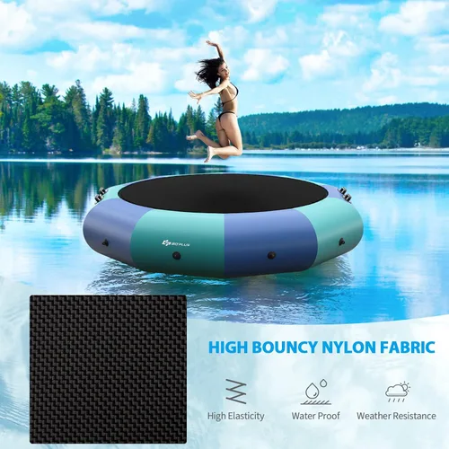 Vista 8 de Goplus - Trampolín inflable de agua de 10 pies, 12 pies, 15 pies, rebotador acuático recreativo con inflador eléctrico, escalera de cuerda, cuerdas