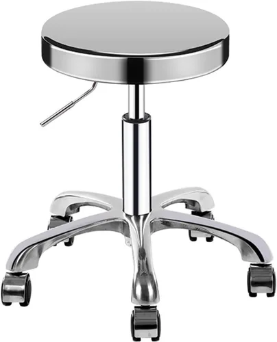 Vista 8 de LUXUCURE Taburete rodante de metal con ruedas y reposapiés, taburete de belleza resistente de altura ajustable, estructura de acero inoxidable