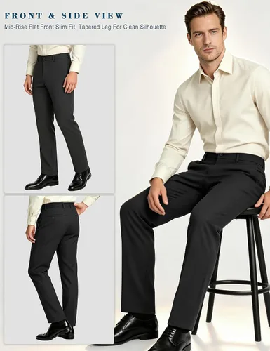 Vista 3 de Plaid&Plain Pantalones de vestir para hombre, elásticos, corte delgado, 4 direcciones de flexibilidad 7603# Negro