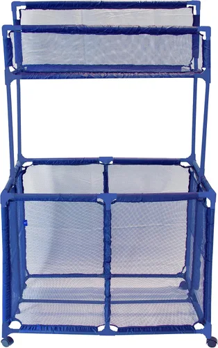 Vista 5 de Soporte para fideos de piscina, juguetes, flotadores, bolas y flotadores, equipo de malla rodante de doble piso, organizador de almacenamiento Azul