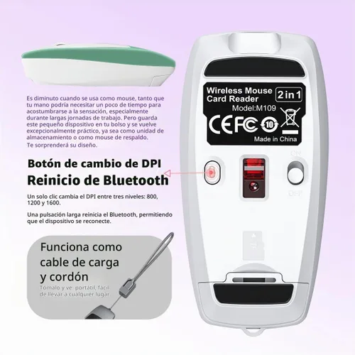 Vista 5 de FMOUSE Mini 2-en-1 Ratón Inalámbrico Bluetooth y Lector de Tarjetas TF - Tarjeta TF de 8 GB Incluida, Adaptador de Type-C a USB, Recargable, Ultra