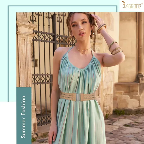 Vista 6 de JASGOOD Cinturón elástico tejido de paja verano Boho trenzado vestido cinturón mujeres cinturón elástico cinturón