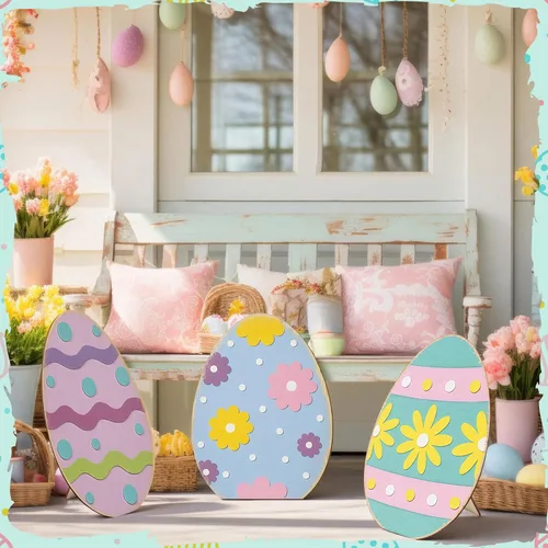 Vista 3 de GlikCeil 3 letreros de madera de Pascua de 17 pulgadas para porche, decoración rústica de bienvenida para fiestas de primavera, fiestas, jardín
