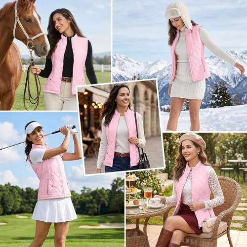 Vista 6 de LONGKING Chaleco de mujer, cuello alto, ligero, con cremallera, acolchado para mujer Rosa