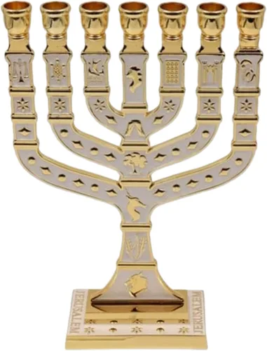 Vista 6 de Menorá de Esmalte Azul de Jerusalén de 7 Ramas, 10.8" de alto, con 12 Tribus de Israel, Portavelas (27.4 cm)