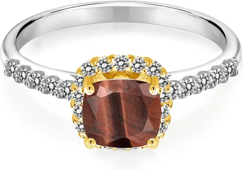 Vista 2 de Gem Stone King Anillo de oro blanco de 10 quilates con diamantes blancos y ojo de tigre rojo de 174 quilates con puntas de oro amarillo