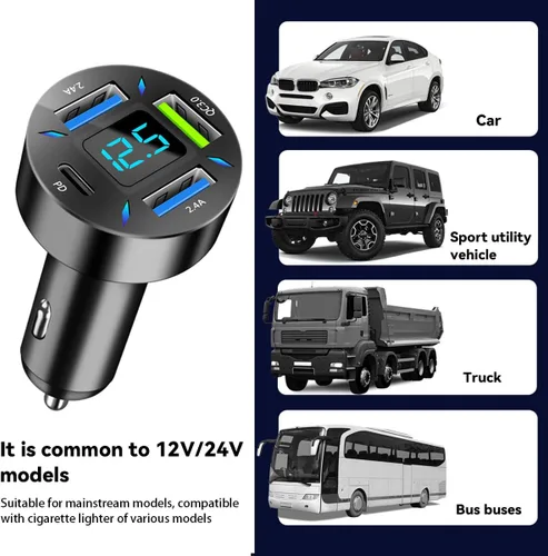 Vista 6 de Cargador de coche USB de 4 puertos, carga súper rápida USB QC 3.0 de 66 W, cargador adaptador USB con voltímetro LED para encendedor de cigarrillos