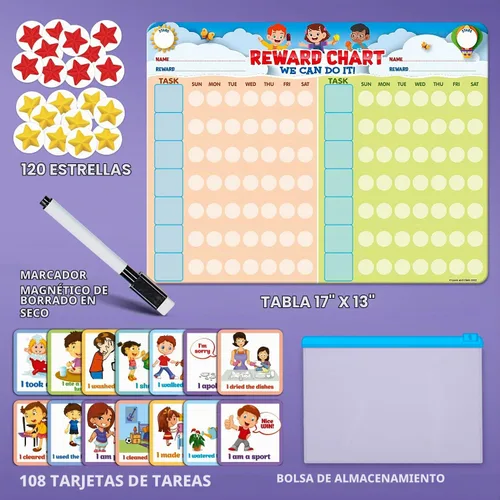 Vista 3 de Tabla de tareas para varios niños, incentivo de comportamiento para el hogar, borrado en seco y tablero magnético para 2 niños, incluye 54 tarjetas