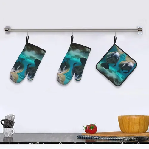 Vista 7 de West Indian Manatees - Guantes de horno resistentes al calor, 2 unidades y soportes para ollas, 1 unidad, guantes de cocina para hornear, juego de 3