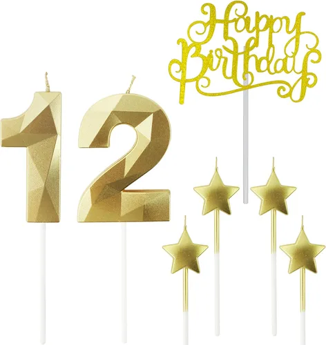 Vista 35 de Velas de cumpleaños doradas con número 20 y velas de estrella de cumpleaños de 7 cm Velas para pastel de cumpleaños en forma de diamante 3D son
