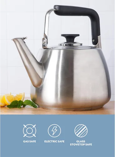 Vista 5 de Sur La Table Kitchen Essentials Tetera Silbadora de Acero Inoxidable Cepillado de Calibre Pesado de 2 Qt - Tetera Duradera para Estufa