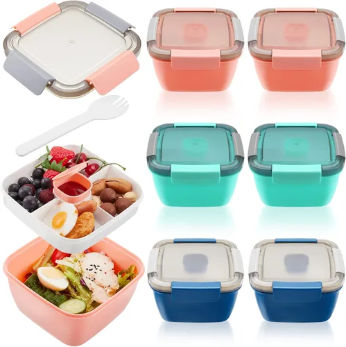 Vista 8 de Tessco for you 6 Piezas Recipiente para Almuerzo de Ensalada 50 oz Recipiente de Ensalada con 3 Compartimentos Caja Bento Reutilizable para Adultos