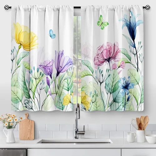 Vista 15 de Aimego Cortinas de Cocina de Eucalipto Primaveral - Hojas de Plantas de Acuarela Floral Azul con Cortinas de Nivel Botánico Floral para Cafetería