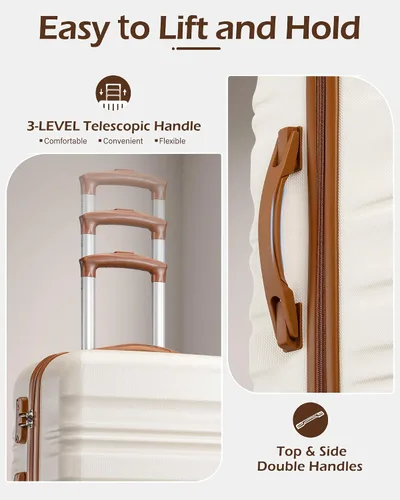 Vista 4 de LONG VACATION - Set de 4 maletas para equipaje de mano, de plástico duro ABS, con candado TSA y ruedas, Blanco (White-Brown), 20 pulg.