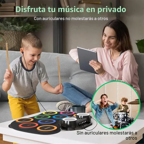 Vista 4 de ROCKSOCKI Juego de Tambor Electrónico de 9 Almohadillas con Luces LED, Kit de Tambor Electrónico Portátil Bluetooth, Almohadilla de Práctica
