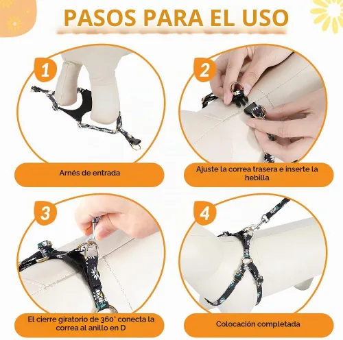 Vista 6 de SlowTon Arnés para perro sin tirones con correa para perros pequeños y medianos, negro, XXS Patrón floral, ligero, fácil de poner y quitar, sin