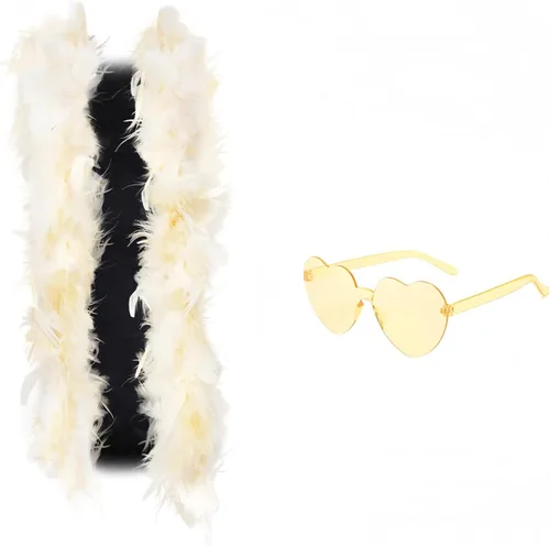Vista 12 de Boa de plumas con lentes de sol sin montura de corazón, boa de plumas de 4 pies para despedida de soltero, Halloween, accesorio de disfraz