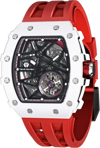 Vista 37 de Tsar Bomba Men's Automatic Watch Tonneau Luxury Skeleton Watch for Men Mechanical 50M Waterproof Wristwatch Gift for Men 08tc-whi
