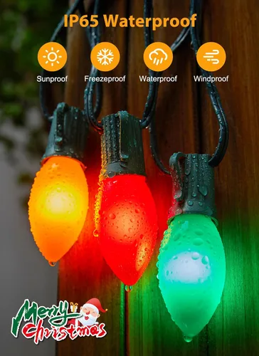 Vista 3 de Luces LED vintage C9 de Navidad para exteriores, 50 pies C9 con 50 bombillas C9 inastillables, impermeables, conectables, comerciales