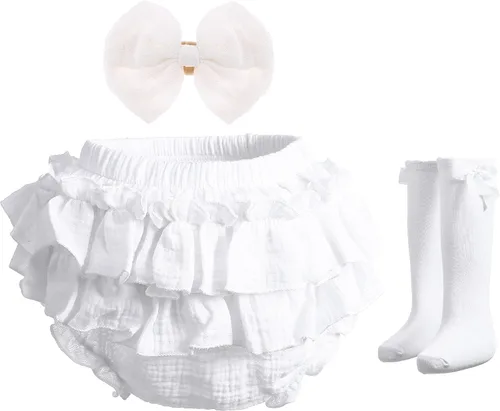 Vista 10 de Conjunto de bombachos y lazos de algodón para bebé recién nacida, pantalones cortos con volantes y diadema Café