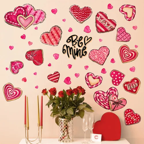 Vista 6 de Yovkky Calcomanías de pared de corazón para el día de San Valentín, diseño de corazones rosados y rojos, diseño de lunares, decoración